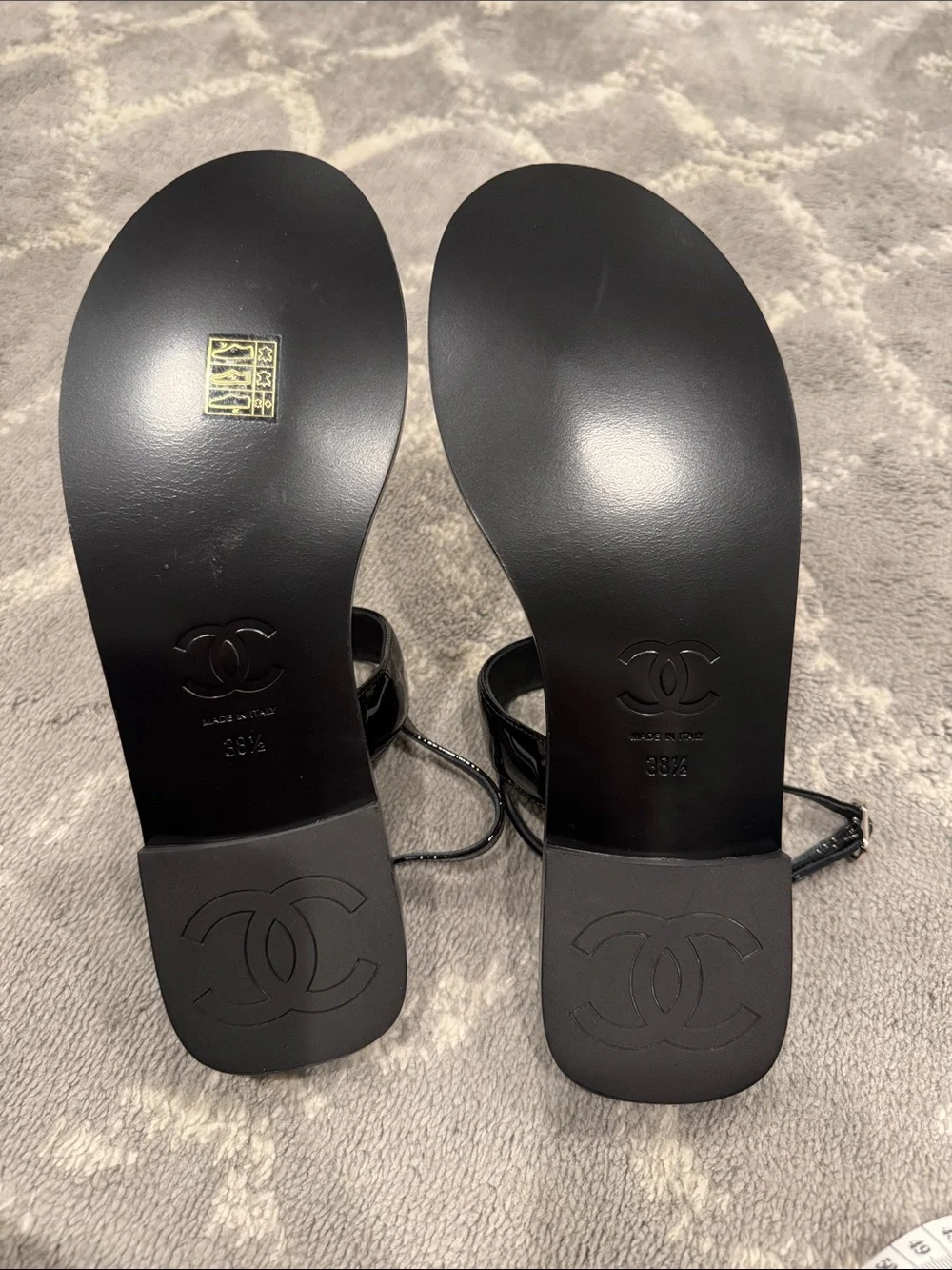Authentic Black Chanel patent t-strap sandals